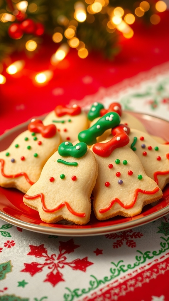 A plate of decorated jingle bells cookies for Christmas on a festive table.